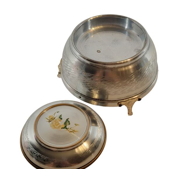 Vintage Prague Musical Powder Box Silver Tone Floral Lid 6" Plays Blue Danube - Picture 5 of 16